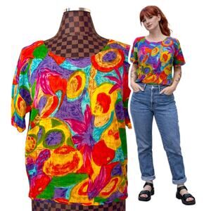 Vintage Abstract Lightweight Blouse Size L/XL Oversized Colorful Retro Whimsical